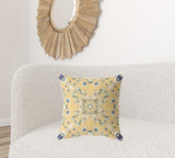 18" X 18" Yellow And Blue Broadcloth Floral Throw Pillow