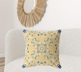 18" X 18" Yellow And Blue Broadcloth Floral Throw Pillow