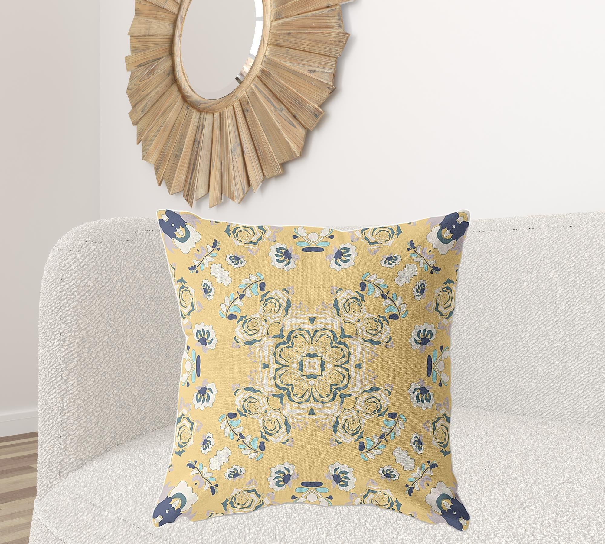 18" X 18" Yellow And Blue Broadcloth Floral Throw Pillow