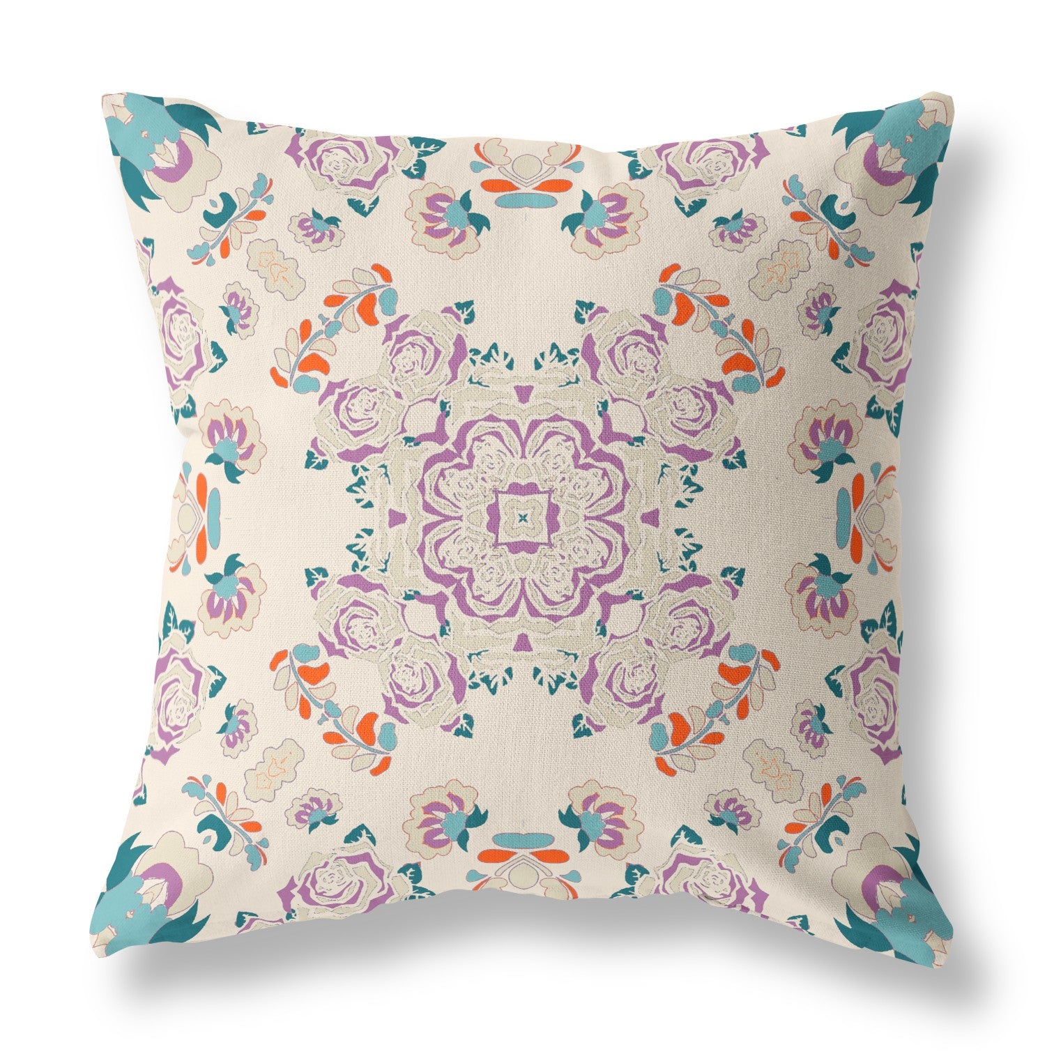 16" X 16" Off White And Purple Broadcloth Floral Throw Pillow