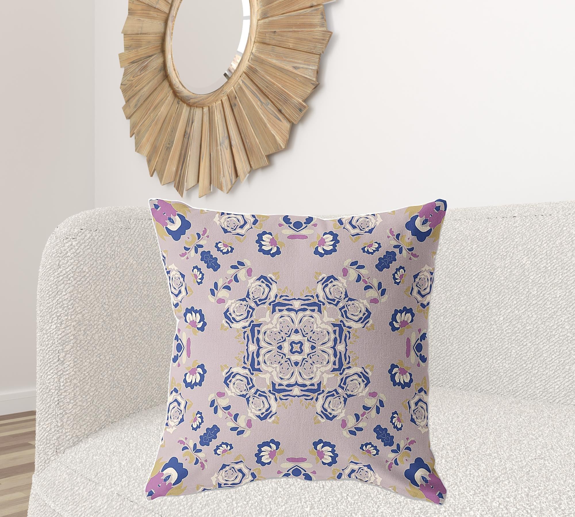 18" X 18" Purple And Blue Broadcloth Floral Throw Pillow