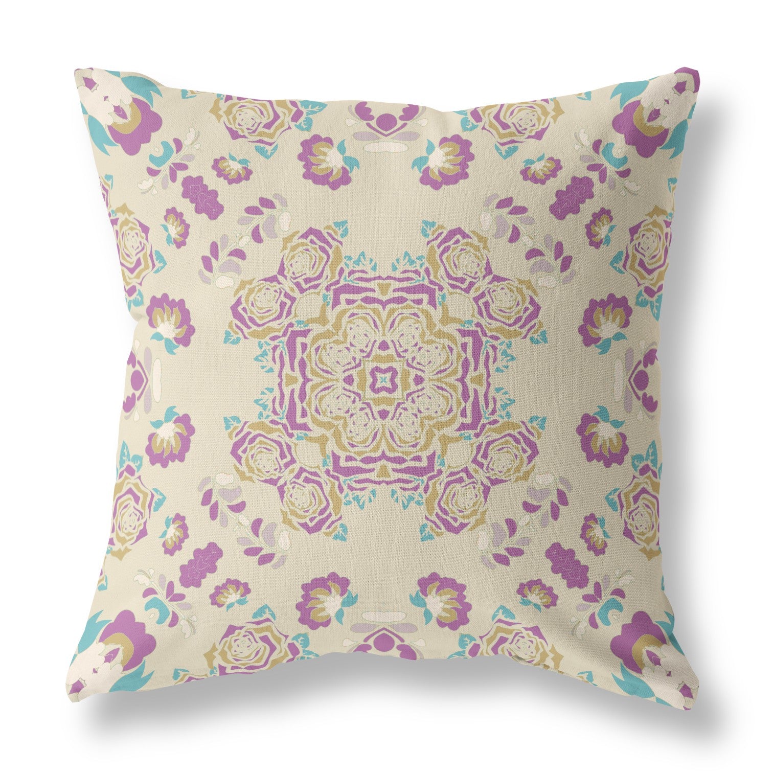 16" X 16" Off White And Purple Broadcloth Floral Throw Pillow