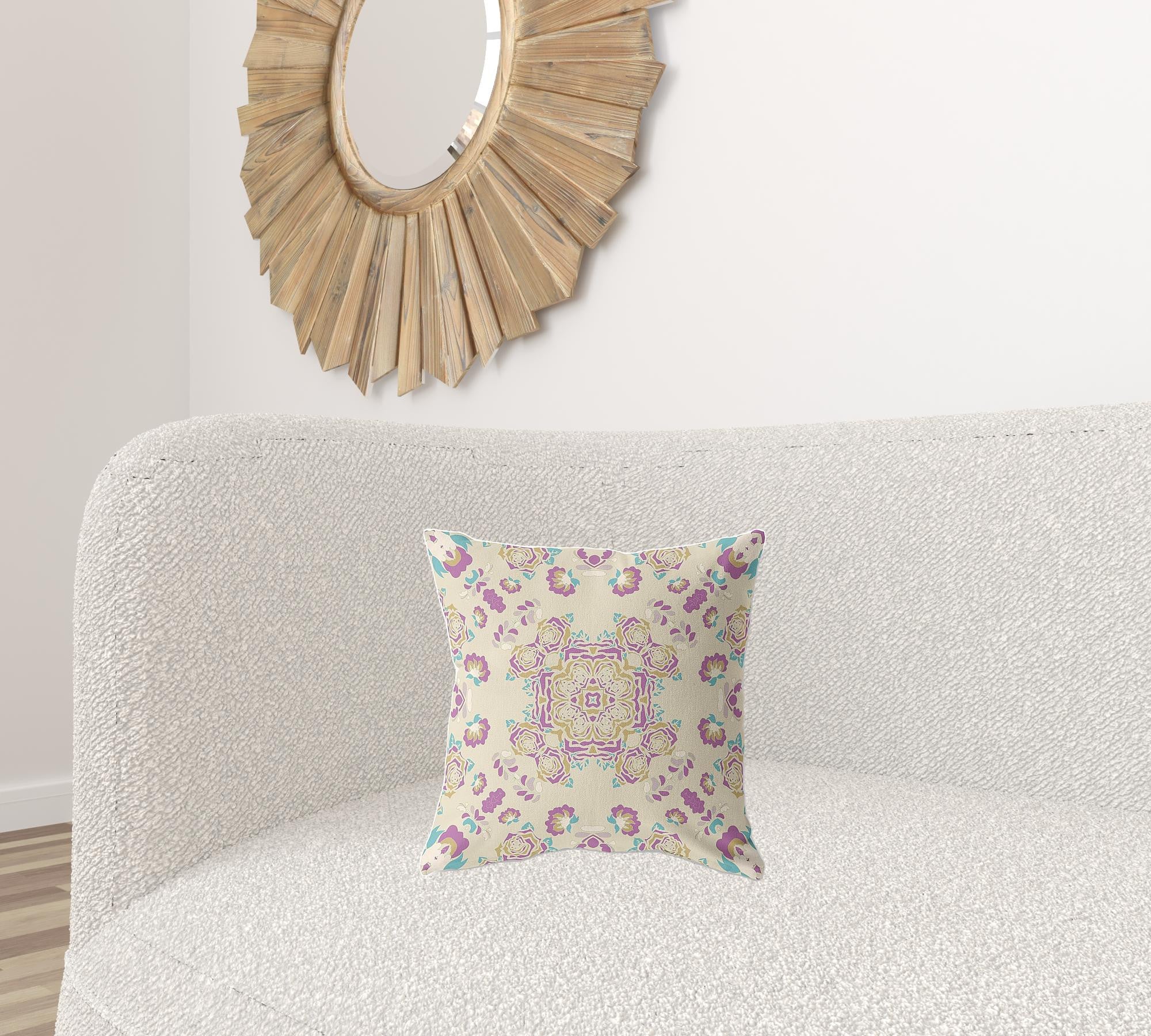 16" X 16" Off White And Purple Broadcloth Floral Throw Pillow