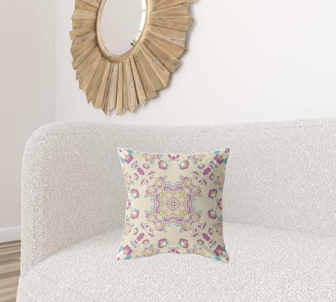 18" X 18" Off White And Purple Broadcloth Floral Throw Pillow