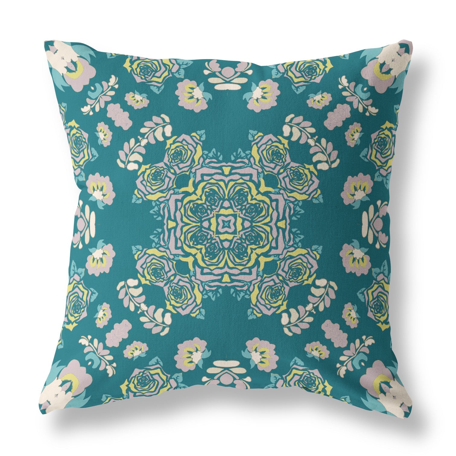 18" X 18" Green And Yellow Broadcloth Floral Throw Pillow