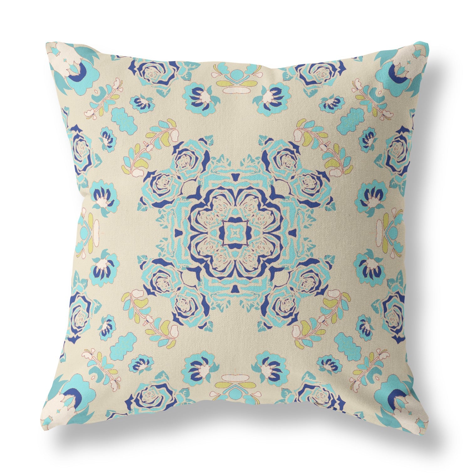 16" X 16" Off White And Light Blue Broadcloth Floral Throw Pillow