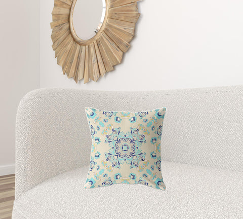 18" X 18" Off White And Light Blue Broadcloth Floral Throw Pillow