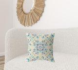 18" X 18" Off White And Light Blue Broadcloth Floral Throw Pillow