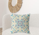 18" X 18" Off White And Light Blue Broadcloth Floral Throw Pillow