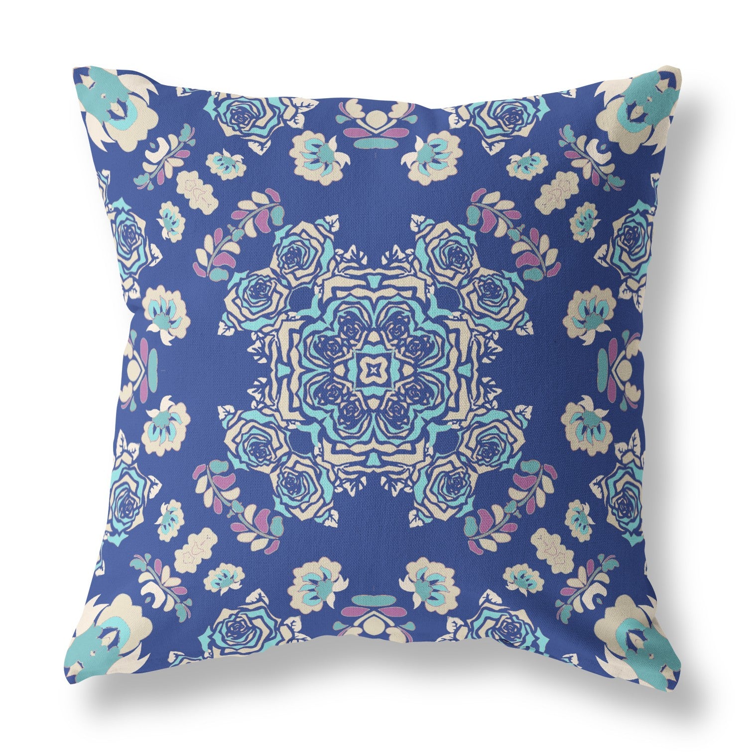 18" X 18" Blue And Off White Broadcloth Floral Throw Pillow