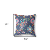 16" X 16" Floral Blue And Pink Broadcloth Floral Throw Pillow