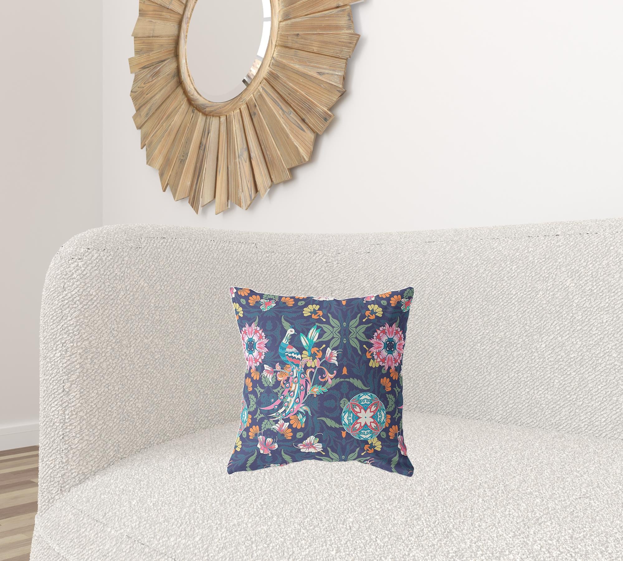 16" X 16" Floral Blue And Pink Broadcloth Floral Throw Pillow