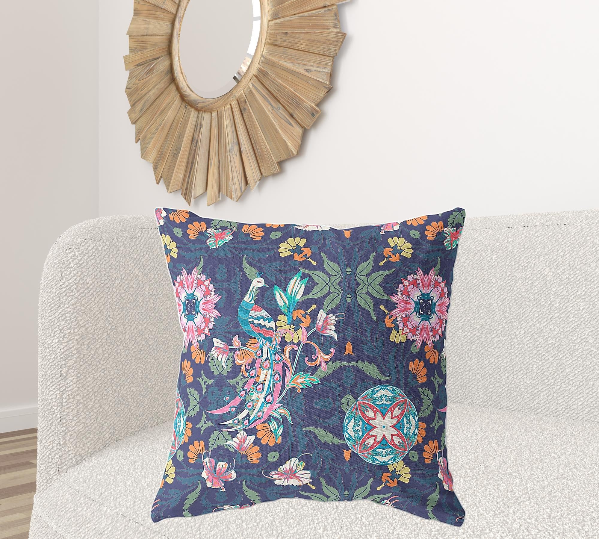 18" X 18" Floral Blue And Pink Broadcloth Floral Throw Pillow