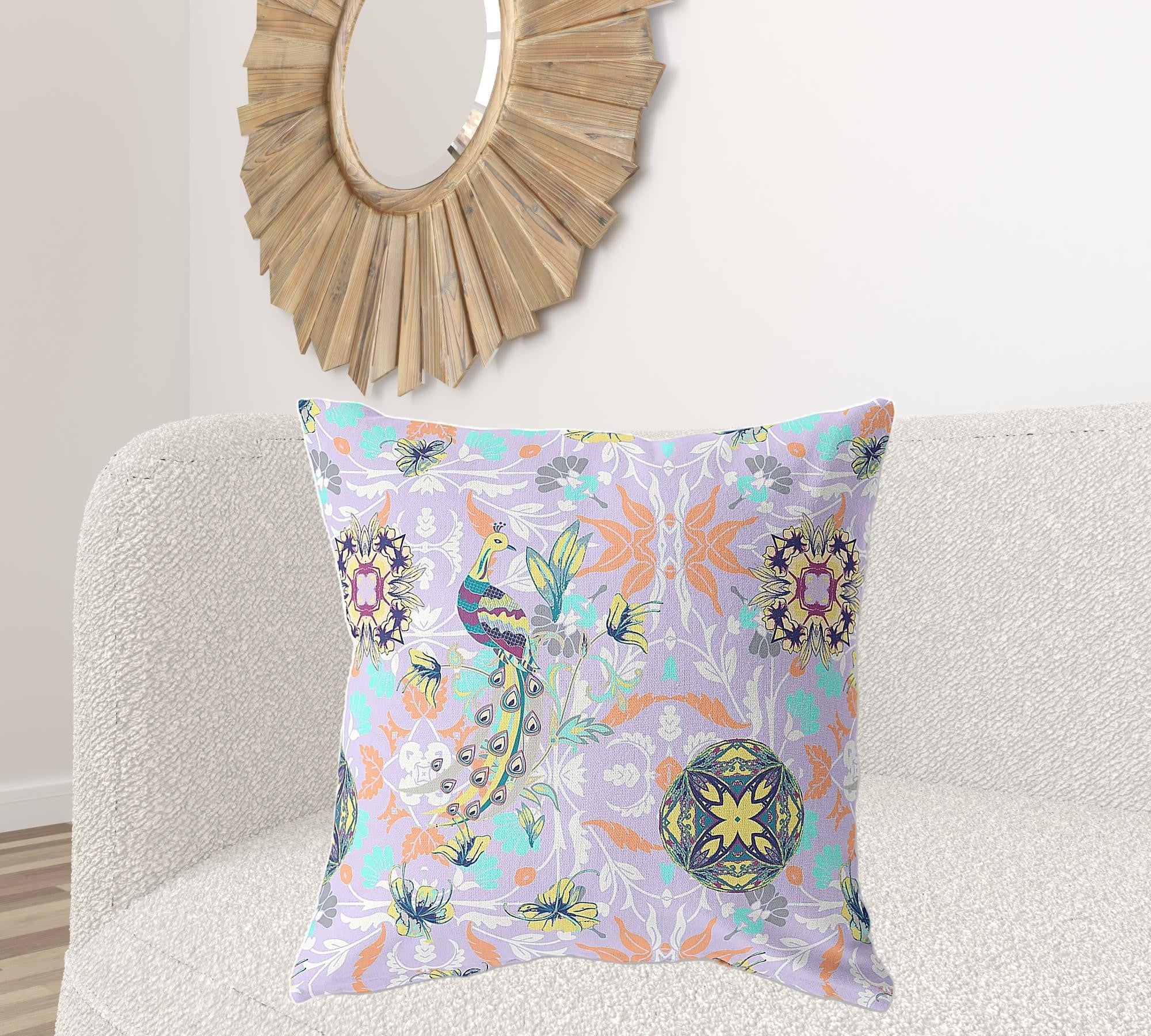 18" X 18" Purple And Yellow Broadcloth Floral Throw Pillow