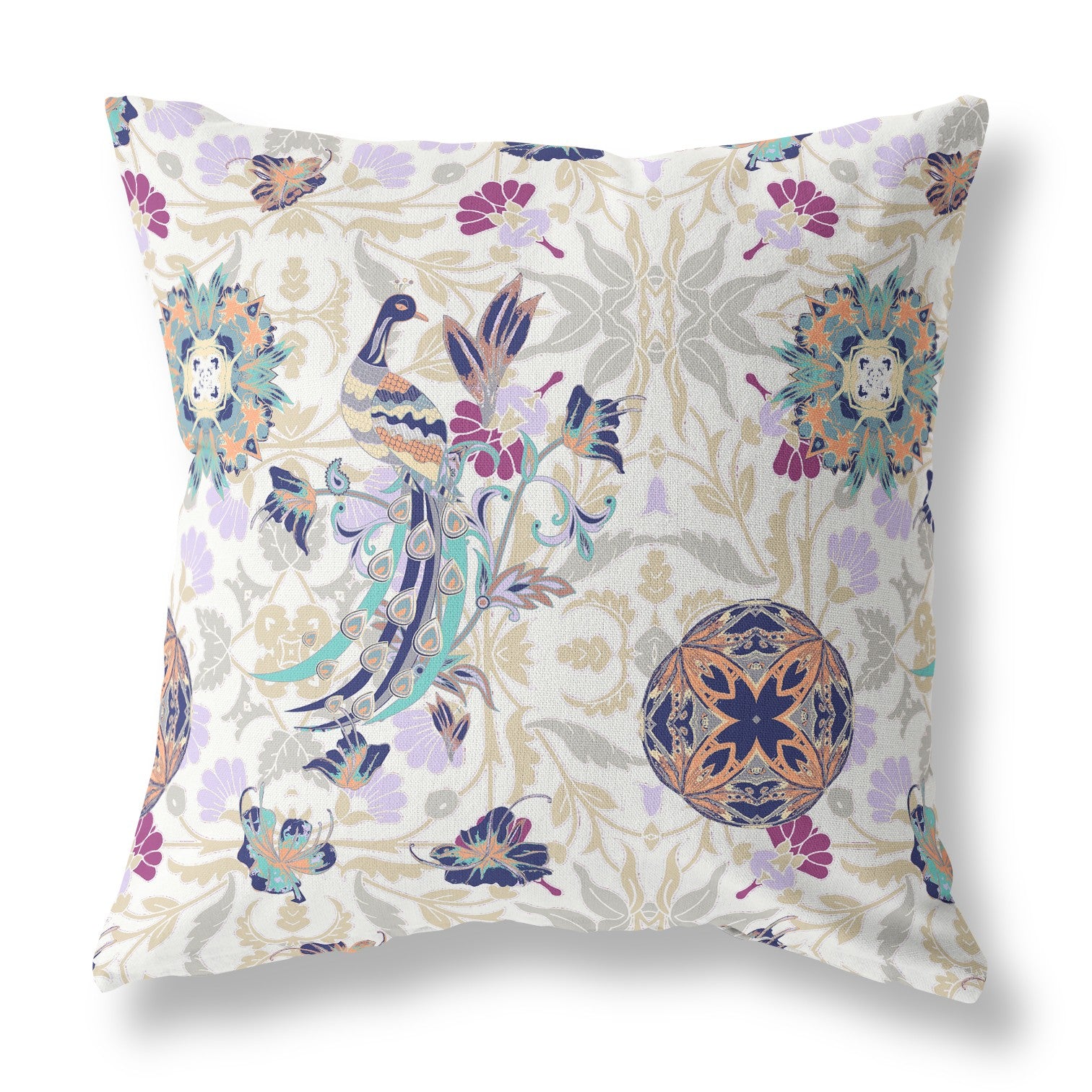 18" X 18" White And Purple Broadcloth Floral Throw Pillow