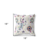 18" X 18" White And Purple Broadcloth Floral Throw Pillow