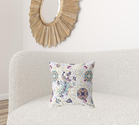 18" X 18" White And Purple Broadcloth Floral Throw Pillow