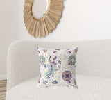 18" X 18" White And Purple Broadcloth Floral Throw Pillow