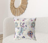 18" X 18" White And Purple Broadcloth Floral Throw Pillow