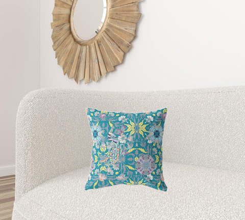 18" X 18" Green And Yellow Broadcloth Floral Throw Pillow
