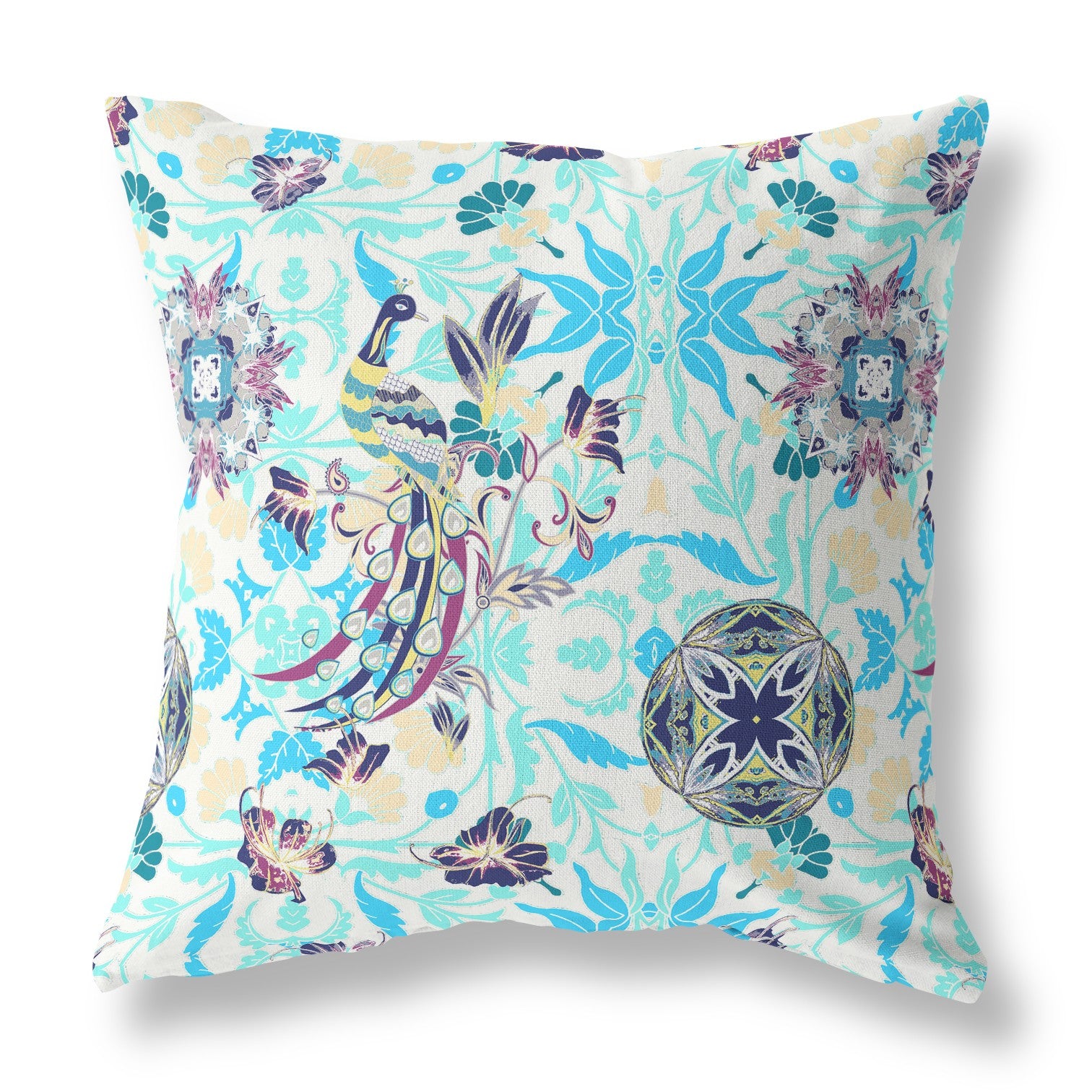 16" X 16" White And Blue Broadcloth Floral Throw Pillow