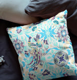 16" X 16" White And Blue Broadcloth Floral Throw Pillow