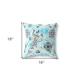 16" X 16" White And Blue Broadcloth Floral Throw Pillow