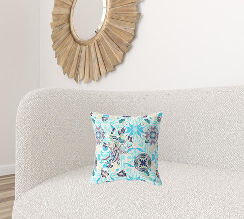 16" X 16" White And Blue Broadcloth Floral Throw Pillow