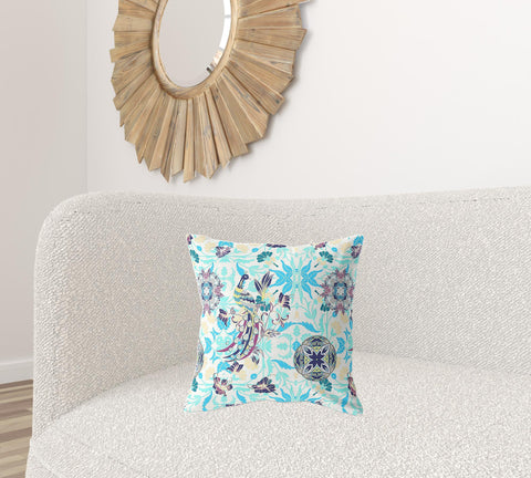 18" X 18" White And Blue Broadcloth Floral Throw Pillow