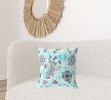 18" X 18" White And Blue Broadcloth Floral Throw Pillow