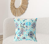 18" X 18" White And Blue Broadcloth Floral Throw Pillow