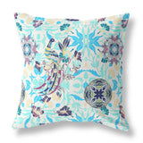 18" X 18" White And Blue Broadcloth Floral Throw Pillow