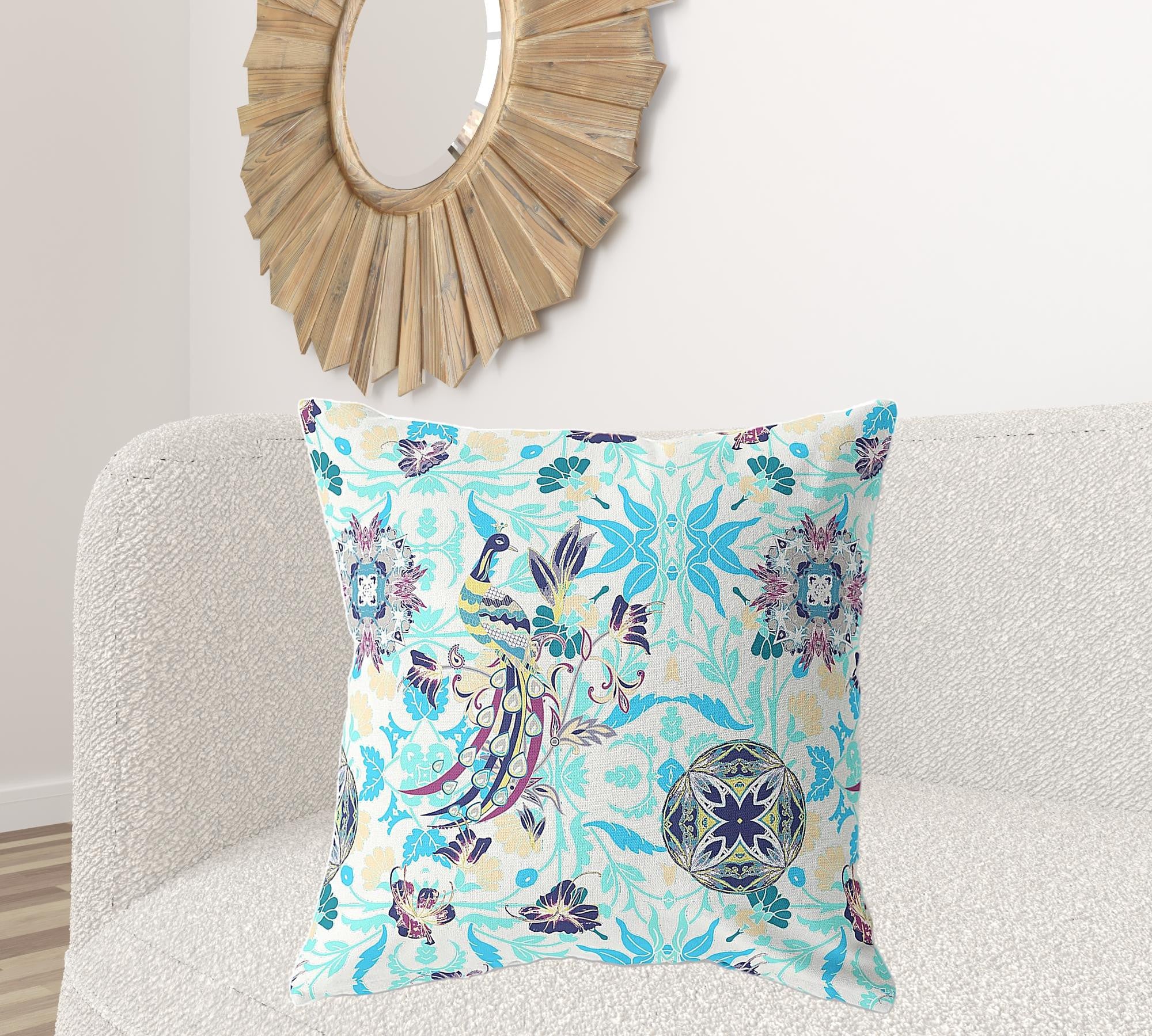 18" X 18" White And Blue Broadcloth Floral Throw Pillow