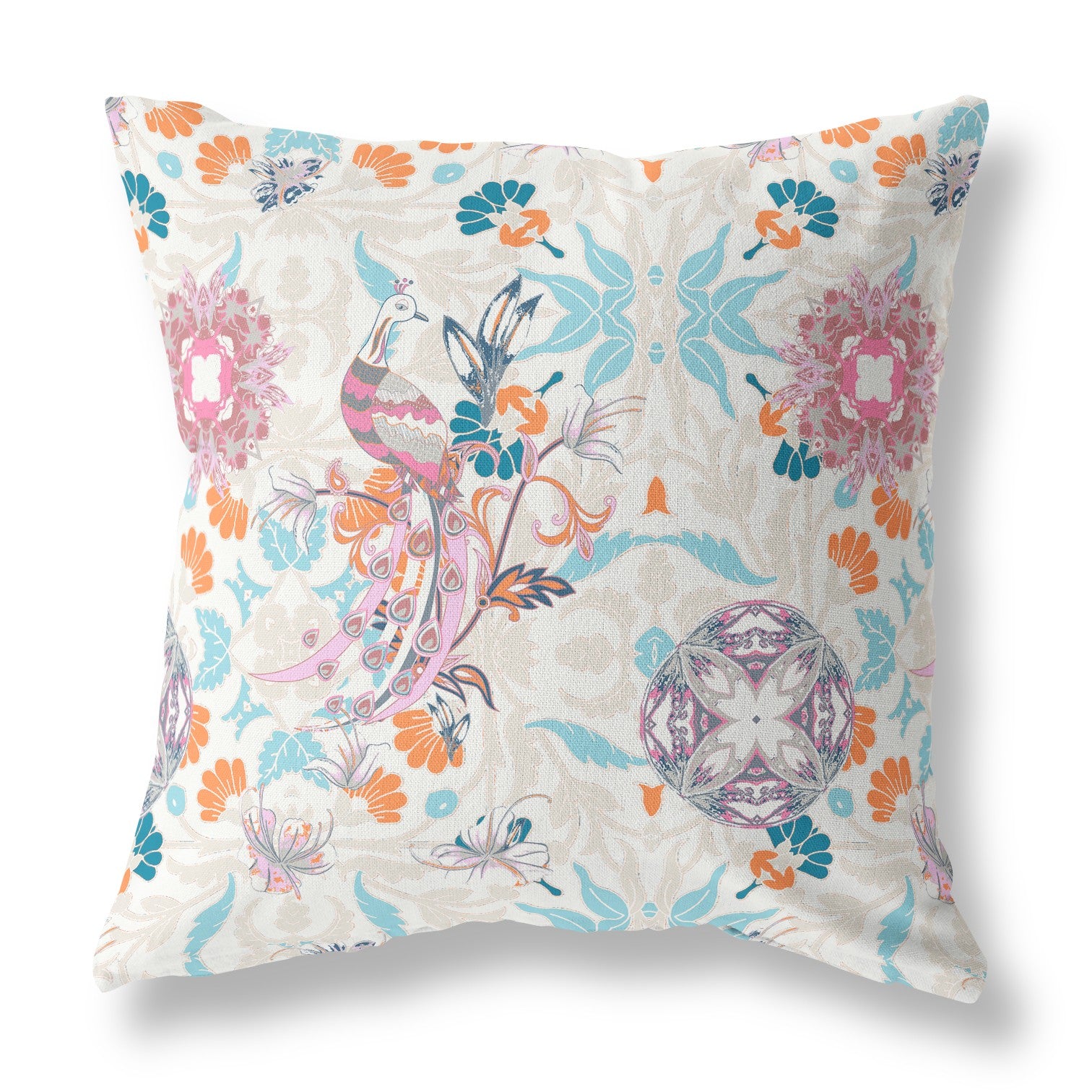 16" X 16" Off White And Sky Blue Broadcloth Floral Throw Pillow