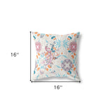 16" X 16" Off White And Sky Blue Broadcloth Floral Throw Pillow