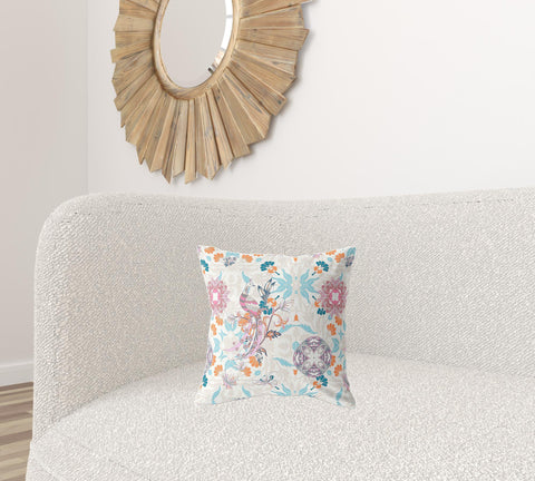 16" X 16" Off White And Sky Blue Broadcloth Floral Throw Pillow