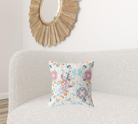 18" X 18" Off White And Sky Blue Broadcloth Floral Throw Pillow