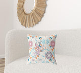 18" X 18" Off White And Sky Blue Broadcloth Floral Throw Pillow