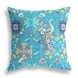 16" X 16" Blue And Turquoise Broadcloth Floral Throw Pillow