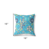 16" X 16" Blue And Turquoise Broadcloth Floral Throw Pillow