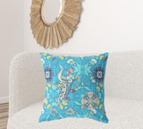 18" X 18" Blue And Turquoise Broadcloth Floral Throw Pillow