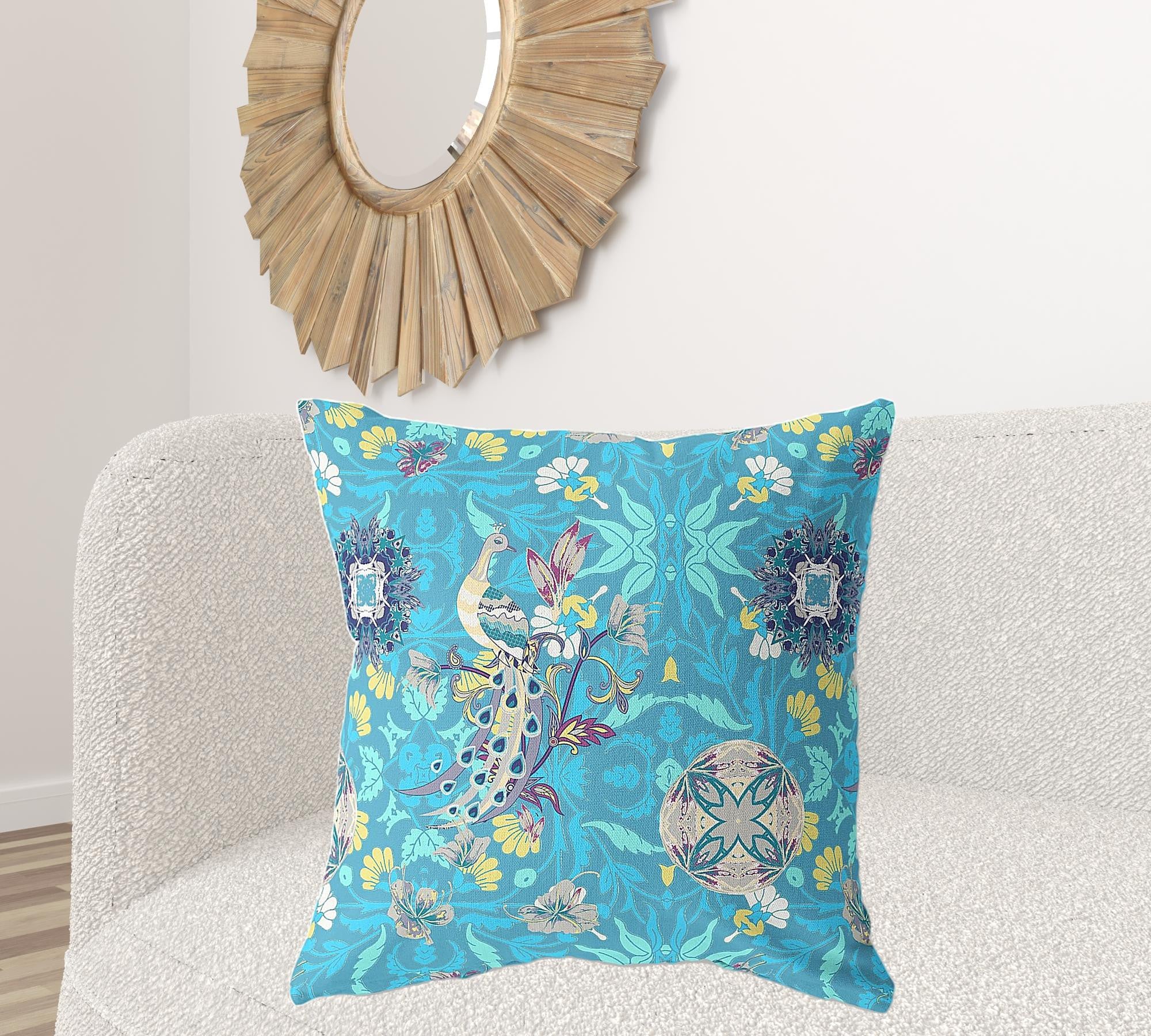 18" X 18" Blue And Turquoise Broadcloth Floral Throw Pillow