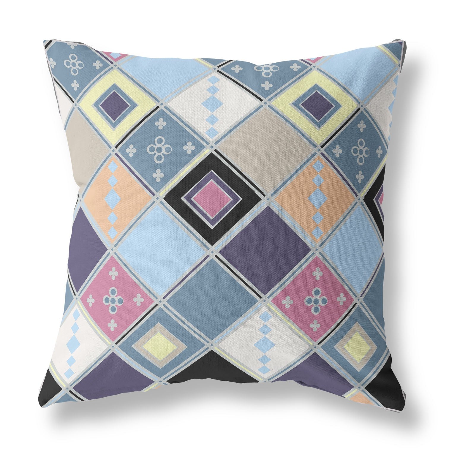 16" X 16" Blue And Purple Broadcloth Floral Throw Pillow