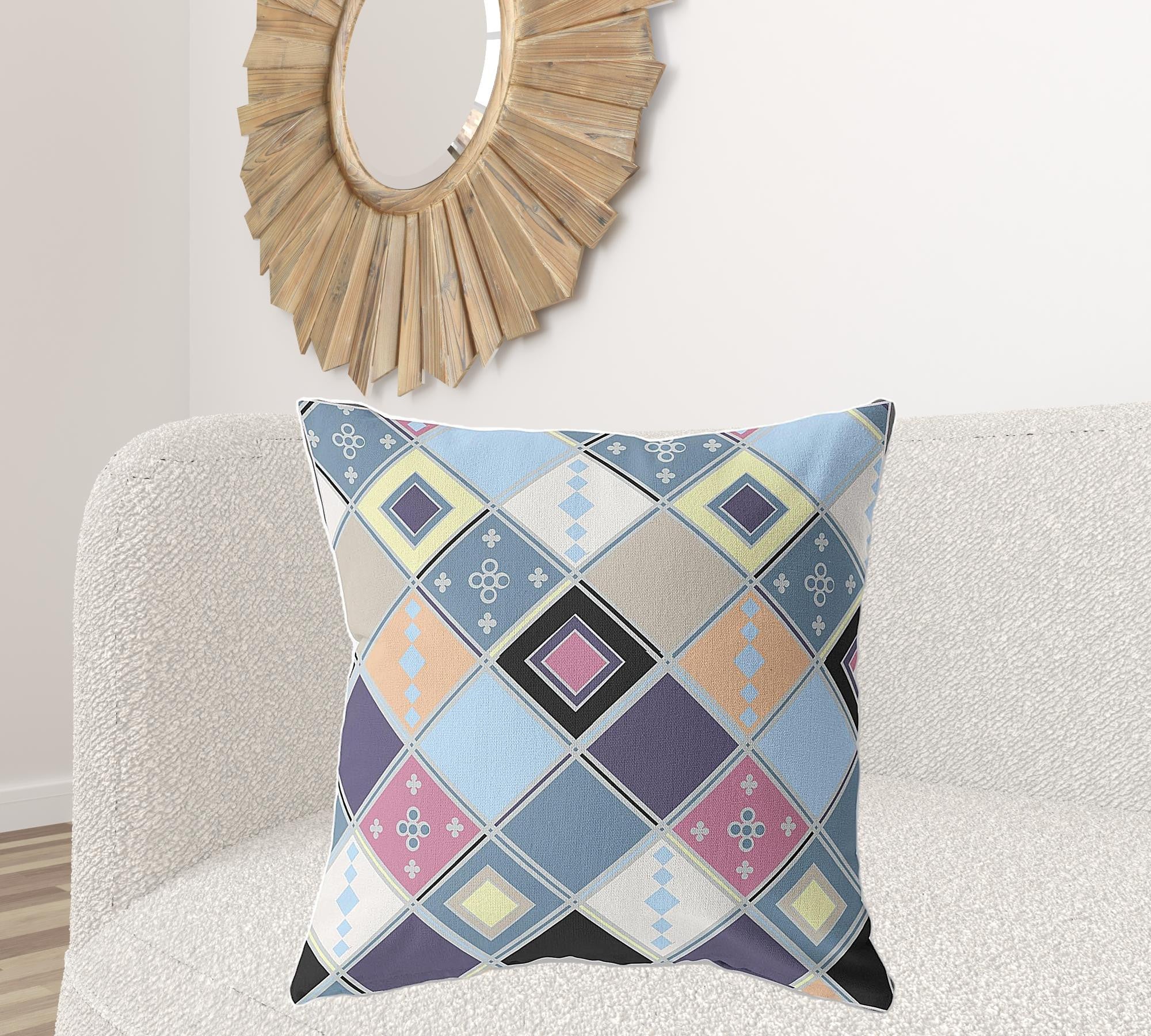 18" X 18" Blue And Purple Broadcloth Floral Throw Pillow