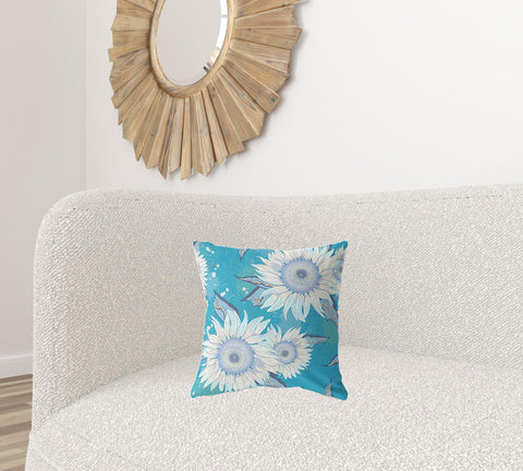 16" X 16" Blue Aqua And White Broadcloth Floral Throw Pillow