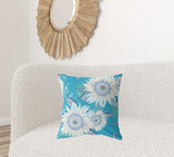 18" X 18" Blue Aqua And White Broadcloth Floral Throw Pillow