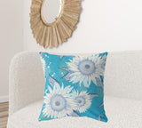 18" X 18" Blue Aqua And White Broadcloth Floral Throw Pillow