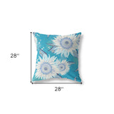 18" X 18" Blue Aqua And White Broadcloth Floral Throw Pillow