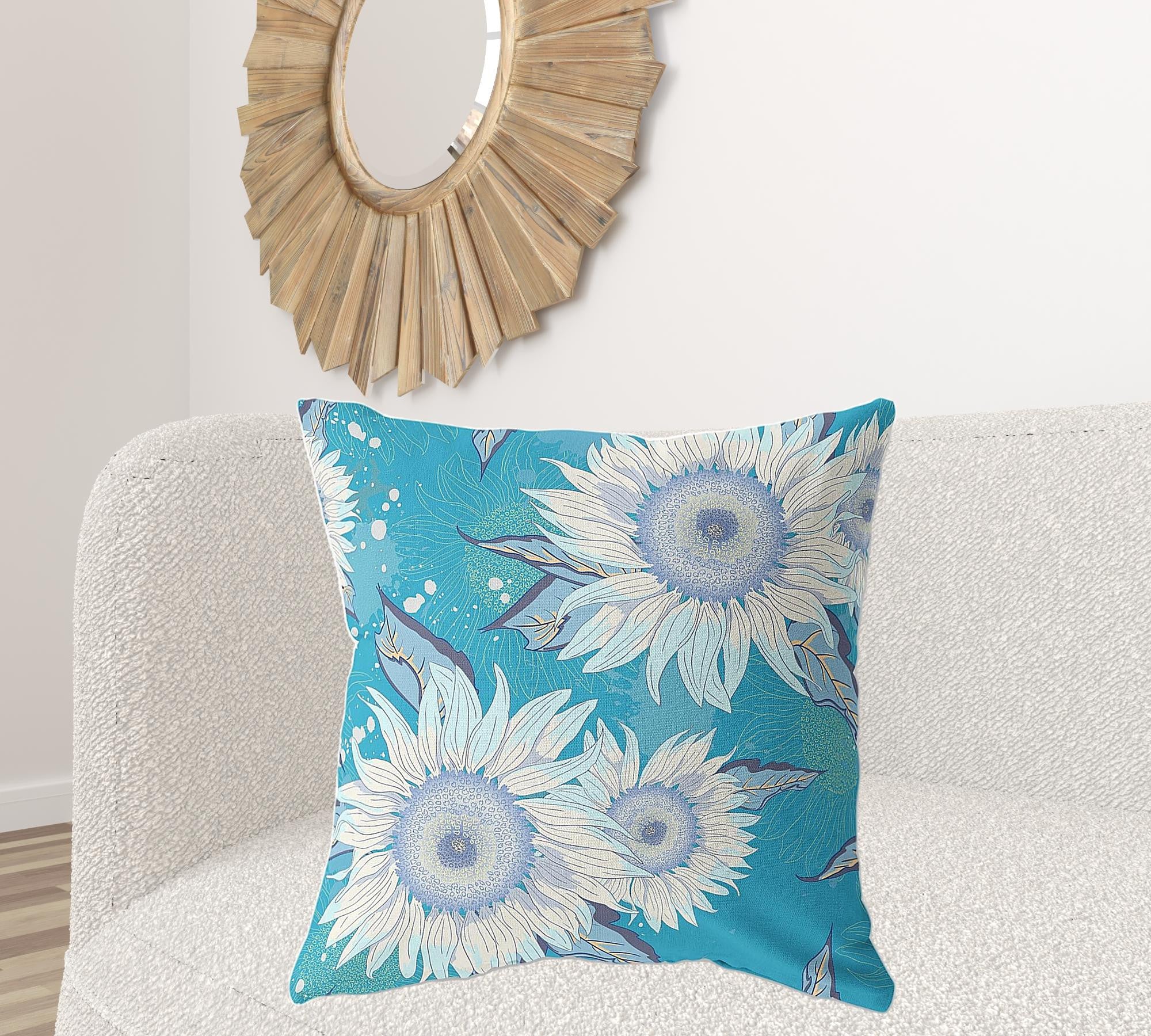 18" X 18" Blue Aqua And White Broadcloth Floral Throw Pillow