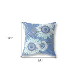 16" X 16" Blue And White Broadcloth Floral Throw Pillow